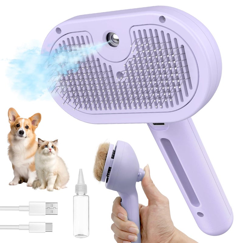 HeroKitty Dog Brush for Shedding, 3 in 1 Self Cleaning Steam Dog Brush - Anti-Static,Cat Steam Brush Removal Comb with Release Button, Grooming Tool for Long and Short Hair Pets, Purple - Image 1